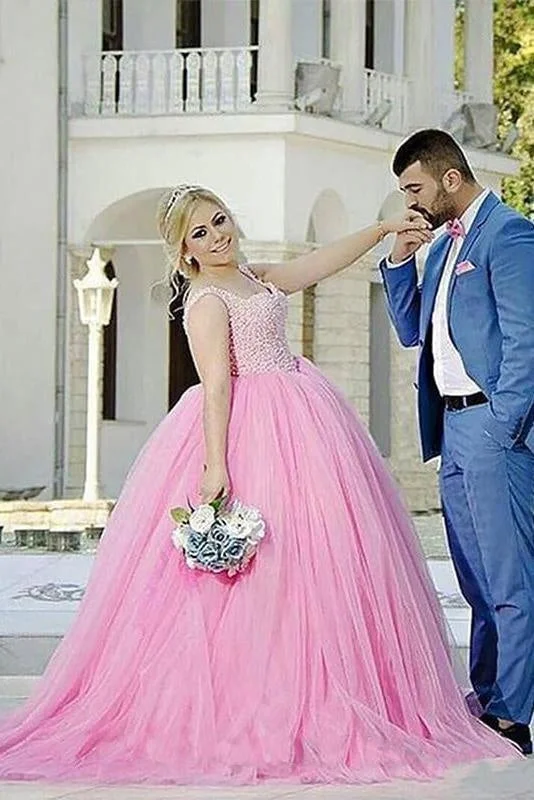 velvet long evening dress-Princess Pink Ball Gown Sweetheart Beading Tulle Plus Size Sweep Train Prom Dresses