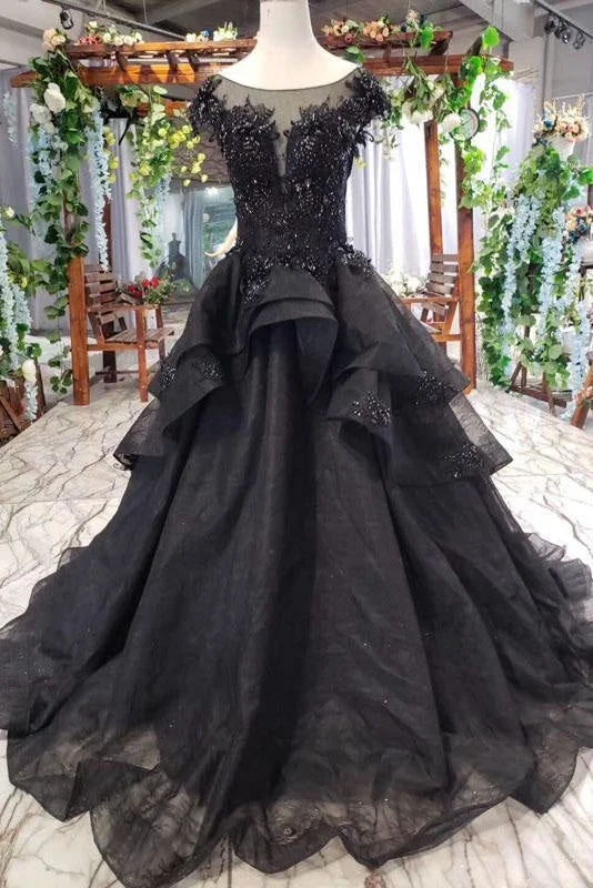 halter neck evening gown-Puffy Cap Sleeves Black Long Prom with Appliques Charming Beading Formal Dress