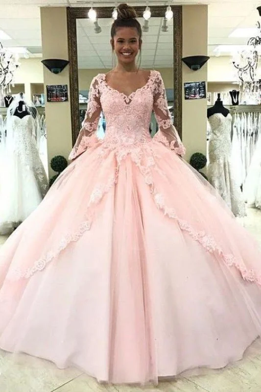 sleeveless evening dress-Puffy Sleeve Prom Dress with Lace Pink Tulle Long Quinceanera Dresses