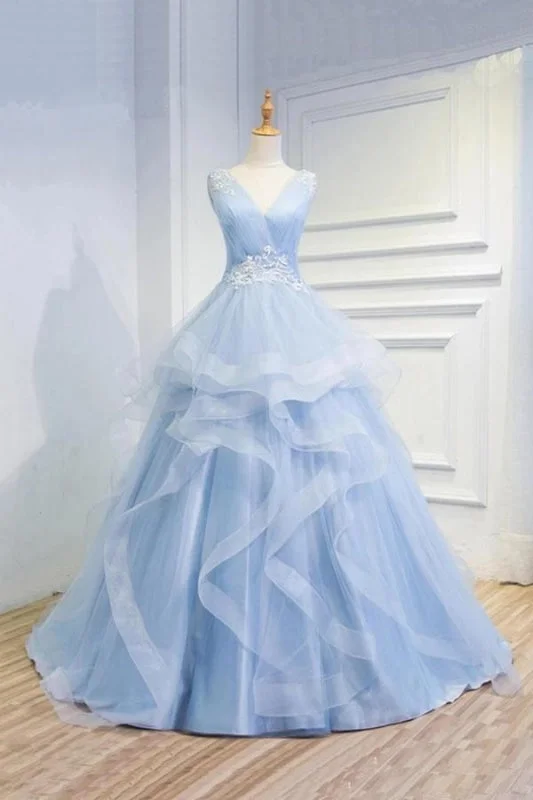 ruched evening gown-Puffy V Neck Sleeveless Tulle Prom with Appliques Long Quinceanera Dress