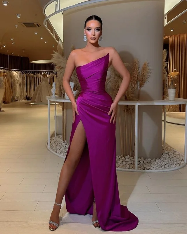 evening dress with ruffles-Purple Asymmetric Mermaid Prom Dress Strapless Pleated Slit Ball Gown