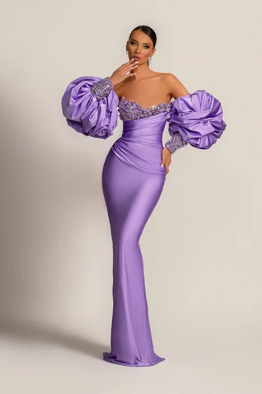 evening gown with sequins-Purple Mermaid Prom Dress with Bubble Sleeves