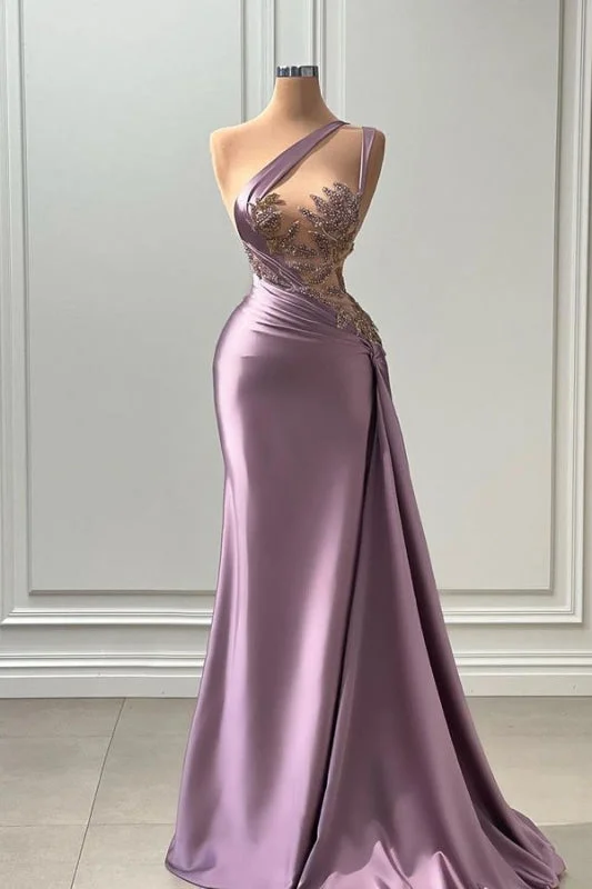 evening dress with ruffles-Purple Sleeveless Prom Dress with Strapless Pleated Beadings