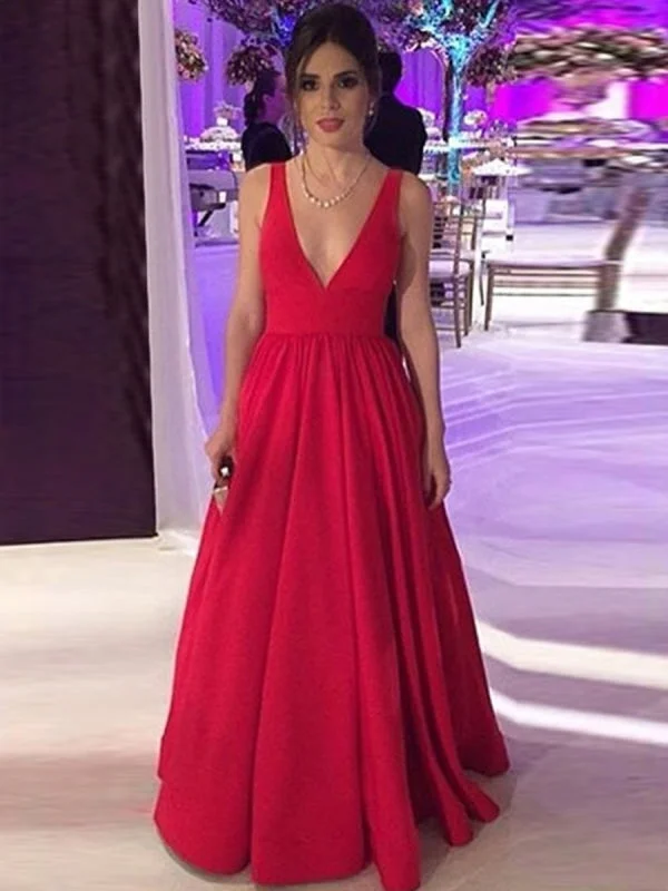 elegant white evening gown-Red A Line V Neck Backless Long Prom, V Neck Red Formal, Red Evening Graduation