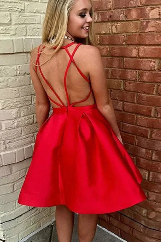 sophisticated evening gown-Red A-Line V-Neck Open Back Knee Length Satin Homecoming Dress Short Prom Gown