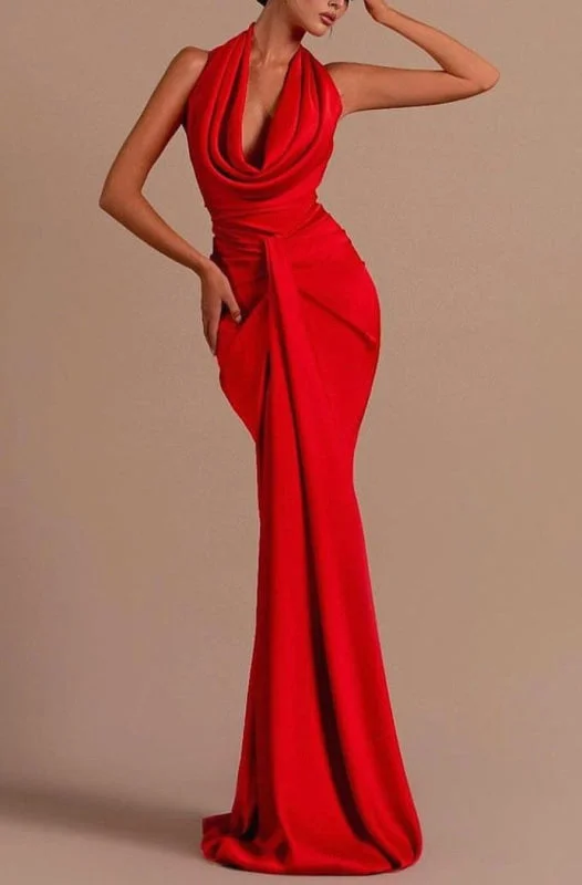 high-low evening gown-Red Halter Open Back Long Sleeveless Mermaid Prom Dress