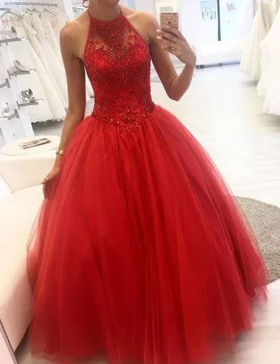 classic black evening dress-Red Halter Tulle Dresses Prom Gown with Beaded