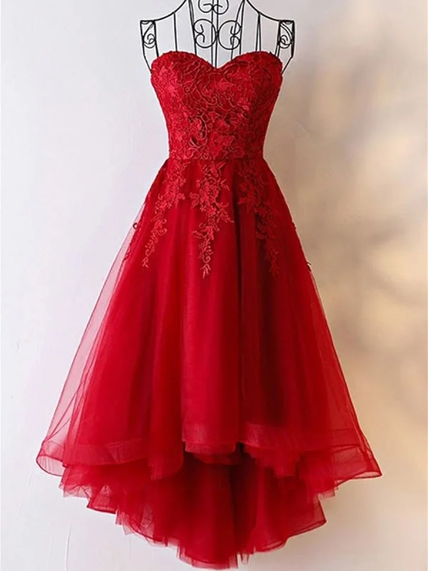 elegant ball gown evening dress-Red High Low Strapless Lace Tulle Prom, Red Lace Formal Evening, Red Graduation