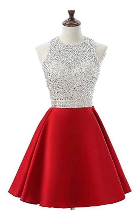 black lace evening gown-Red Jewel Satin Short Prom Dress with Beads A Line Sparkly Homecoming Dresses