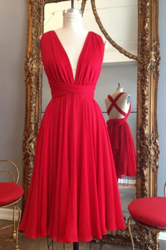 draped evening dress-Red Knee Length Deep V Neck Sleeveless Chiffon Prom Homecoming Dress