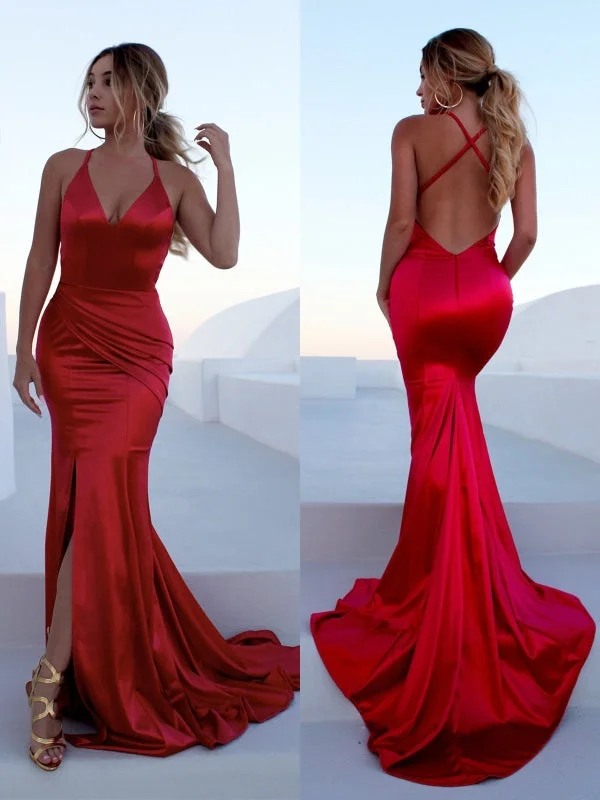 elegant evening attire-Red Mermaid Backless Satin Long Prom with Leg Slit Train, Red Mermaid Formal, Red Evening