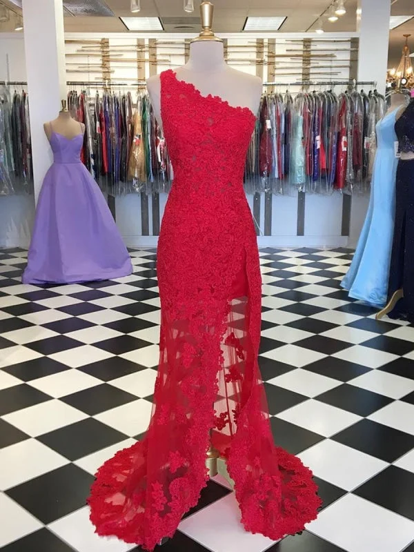 evening gown with sequins-Red Mermaid One Shoulder Lace Long Prom with High Slit, Mermaid Red Lace Formal, Lace Red Evening