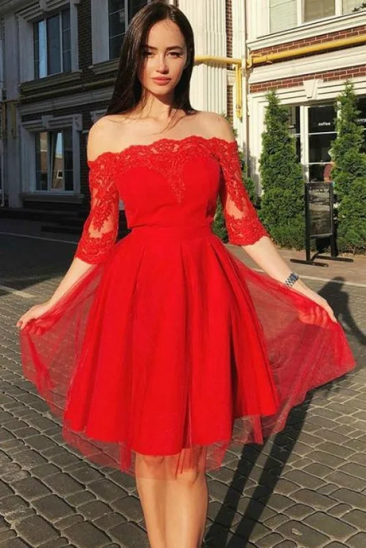 evening gown for formal events-Red Off the Shoulder Knee Length Tulle Homecoming Dresses with Lace