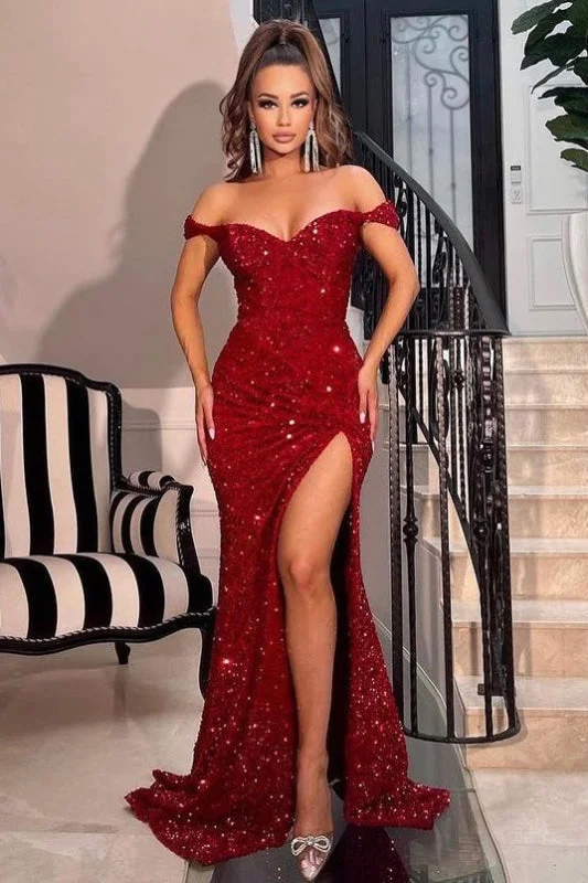 chiffon evening gown-Red Off-The-Shoulder Sweetheart Sequins Mermaid Prom Dress with Split