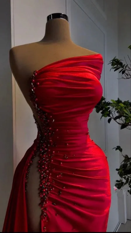 elegant formal evening dress-Red Pearl Strapless Prom Dress with Long Slit