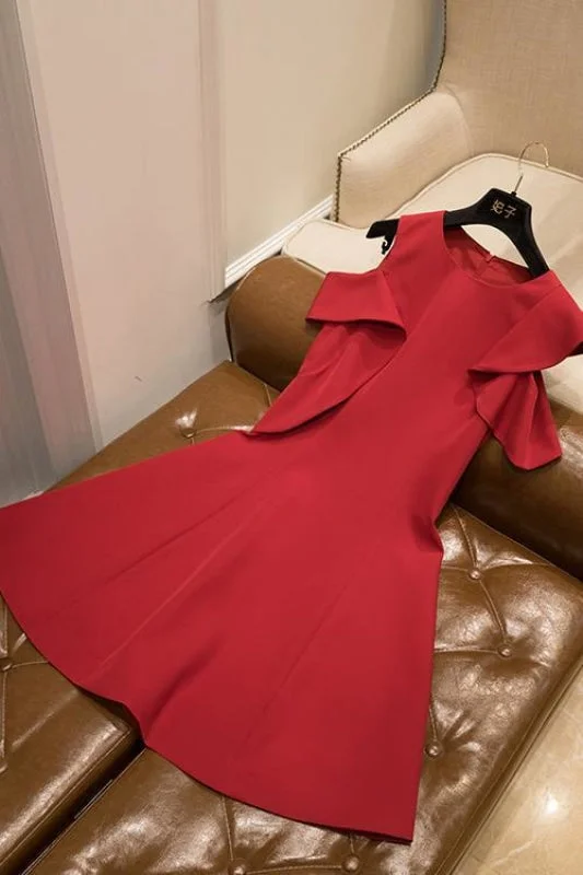 chiffon evening gown-Red Satin Homecoming Dresses A Line Cute Short Sleeves Sweet 16 Dress