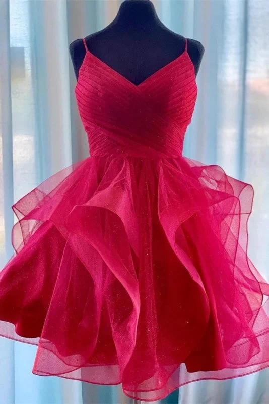 backless evening gown-Red Spaghetti Strap Ruffled Homecoming Short Prom Dress with Pleats