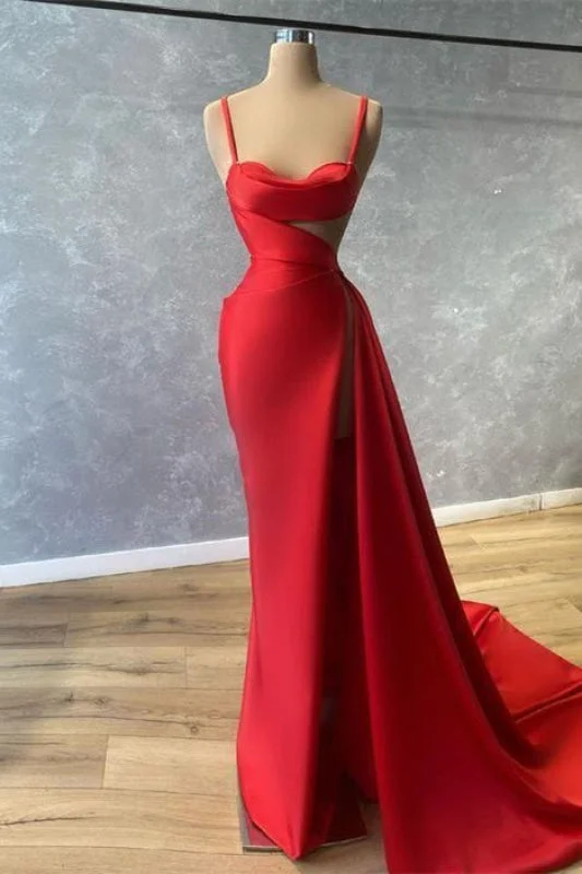 tulle evening dress-Red Spaghetti Strap Sweetheart Mermaid Prom Dress with Ruffles