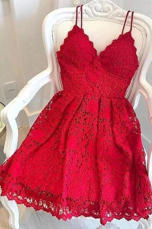 sleeveless tulle evening dress-Red Spaghetti Straps Homecoming Gown Mini Lace A Line Party Dress