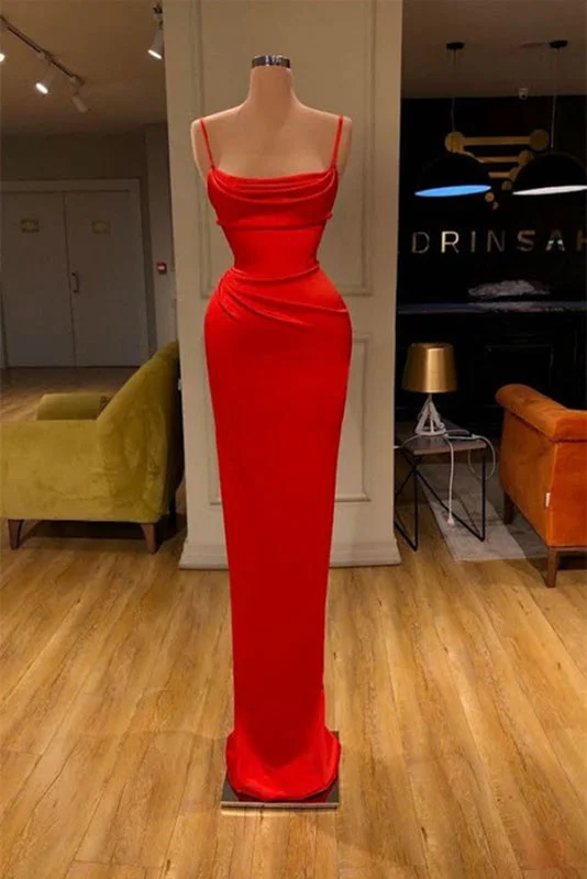 strapless evening gown-Red Spaghetti-Straps Mermaid Prom Dress