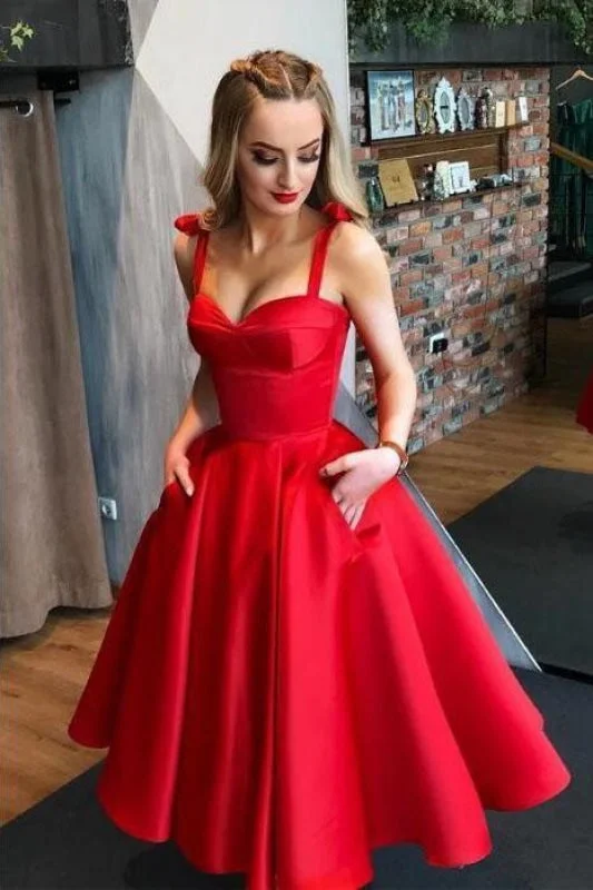 spaghetti strap evening dress-Red Straps Tea Length Satin Homecoming A Line Sleeveless Graduation Dresses