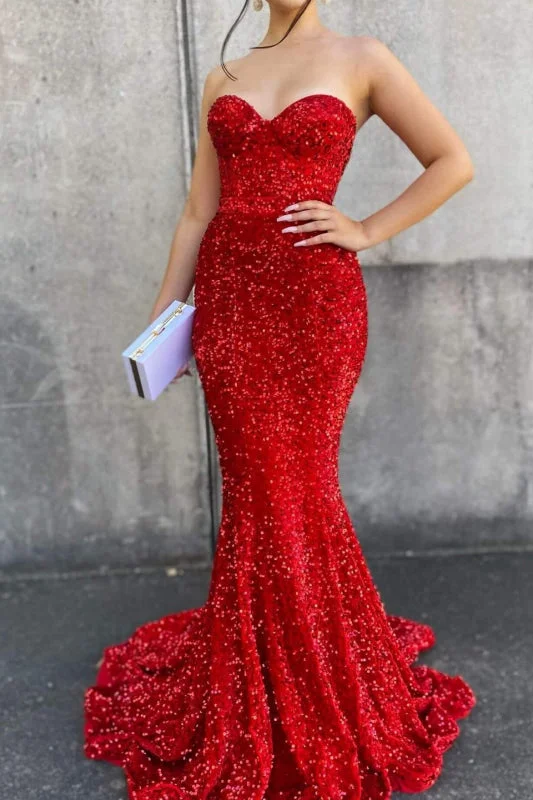 evening dress with mesh overlay-Red Sweetheart Long Mermaid Prom Dress with Sequins