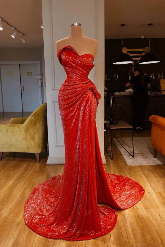 evening gown with cape-Red Sweetheart Mermaid Prom Dress with Sequins