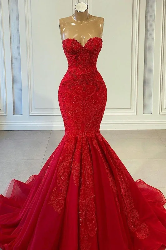 evening gown with keyhole-Red Sweetheart Sleeveless Mermaid Prom Dress with Beadings