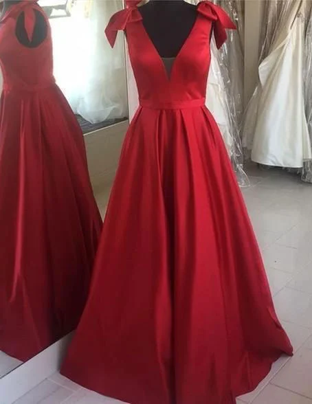 long sleeve evening dress-Red V Neck Long Prom Dresses Evening Gowns Shoulder with Bowknot