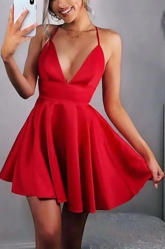 elegant white evening gown-Red V Neck Mini Ruched Sweet 16 A Line Short Homecoming Dress