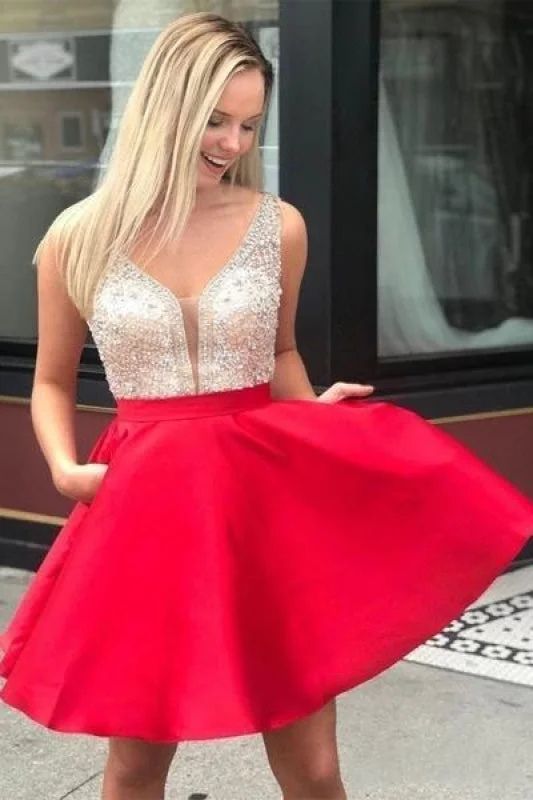 elegant evening attire-Red V Neck Sleeveless Homecoming Dress Beading Backless Satin Short Prom Dresses