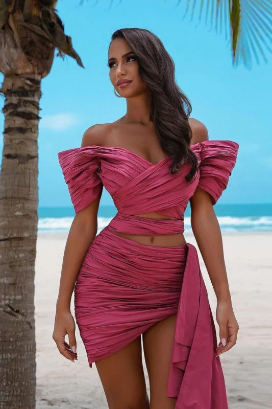 sleeveless evening dress-Rose Prom Dress Off-the-Shoulder Pleated Short with Trail