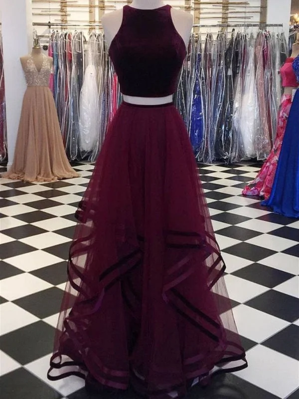 evening gown for prom-Round Neck 2 Pieces Tulle Purple Long Prom, 2 Pieces Purple Formal, Evening