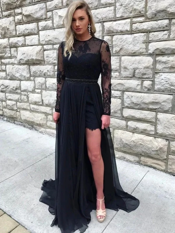 sparkly evening gown-Round Neck Long Sleeves Open Back Lace Black Prom with Slit, Long Sleeves Black Lace Formal, Black Evening