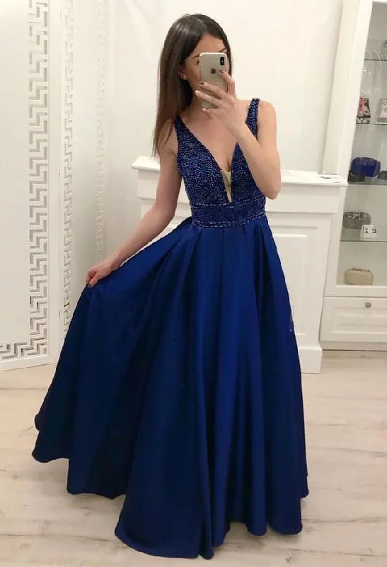 elegant cocktail evening gown-Royal Blue Deep V Neck Long Prom Dresses with Beaded