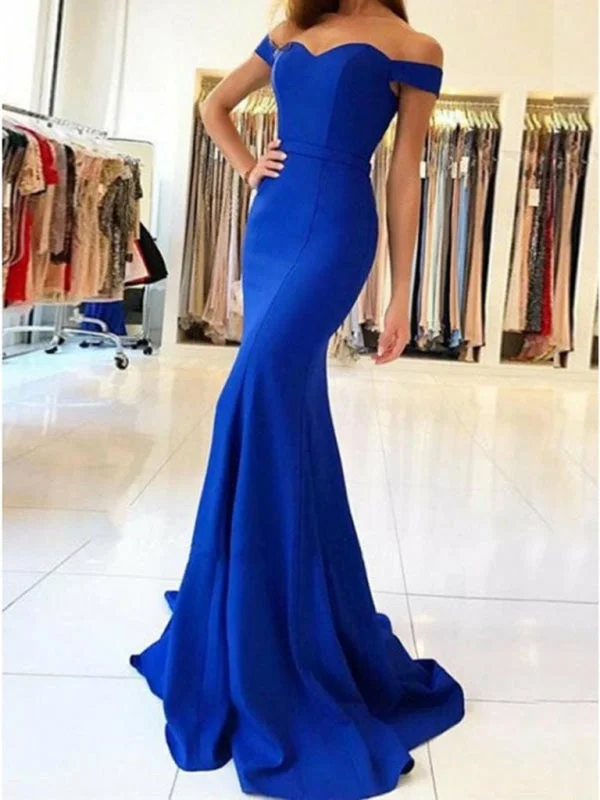 elegant evening gown with train-Royal Blue Off Shoulder Mermaid Satin Long Prom with Train, Royal Blue Formal, Royal Blue Mermaid Evening