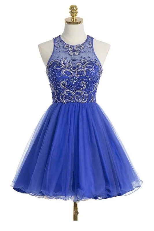 evening gown with train-Royal Blue Organza Scoop Short Homecoming Dresses