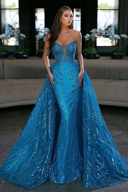 modest evening dress-Royal Blue Sequin Sleeveless Strapless Long Evening Prom Dress