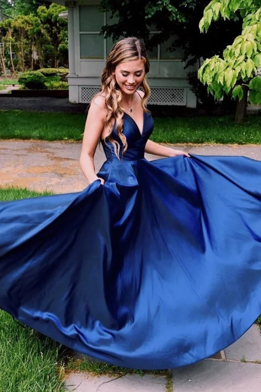 sequined formal evening gown-Royal Blue Simple V Neck Satin Prom A Line Spaghetti Straps Long Evening Dress