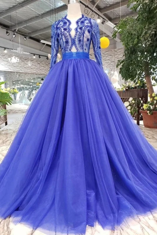 evening dress with ruffles-Royal Blue Sleeve Tulle Prom Lace Long Party Dress with Beads