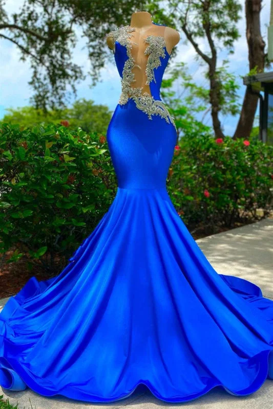 evening gown for formal events-Royal Blue Sleeveless Sexy Cut Out Appliques Mermaid Prom Dress