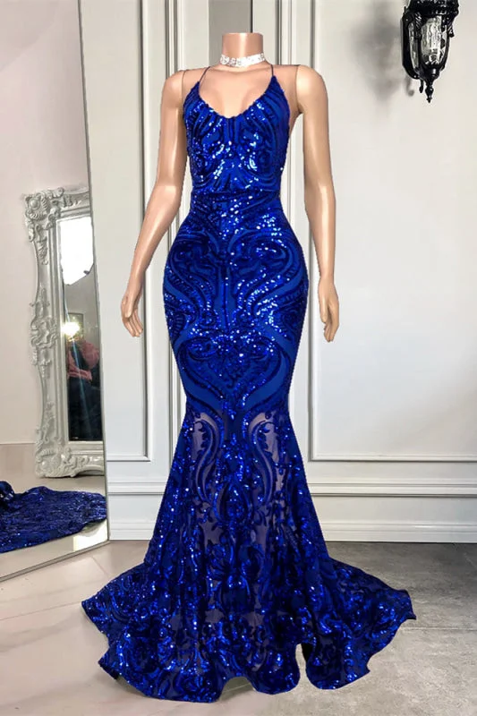 mermaid evening dress-Royal Blue Spaghetti-Straps Mermaid Long Prom Dress with Sequins