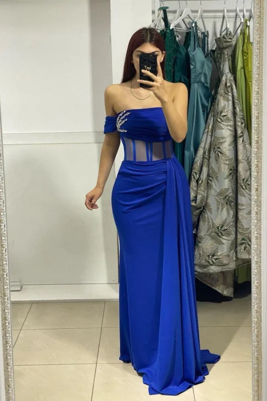 elegant evening dress with sleeves-Royal Blue Strapless Off-The-Shoulder Prom Dress with Sequin Applique