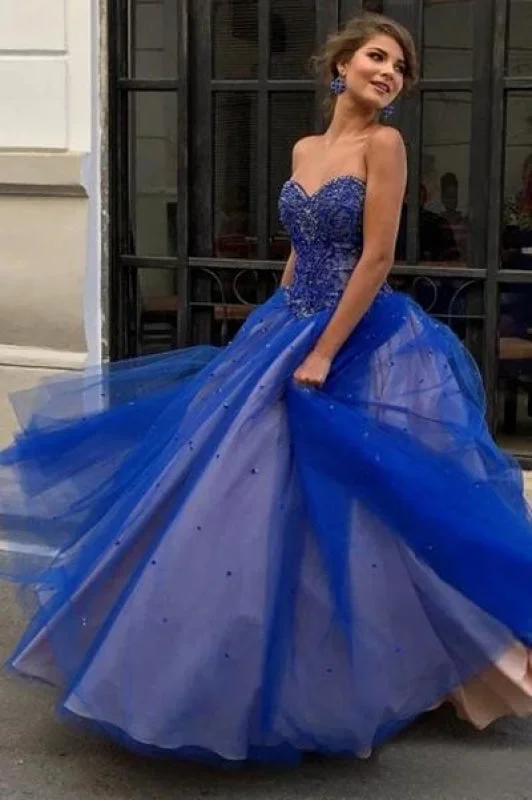 backless evening gown-Royal Blue Sweetheart Floor Length Tulle Prom with Beads A Line Long Formal Dress