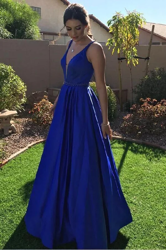 ruched evening gown-Royal Blue V Neck Long Prom Dresses Waist with Beaded