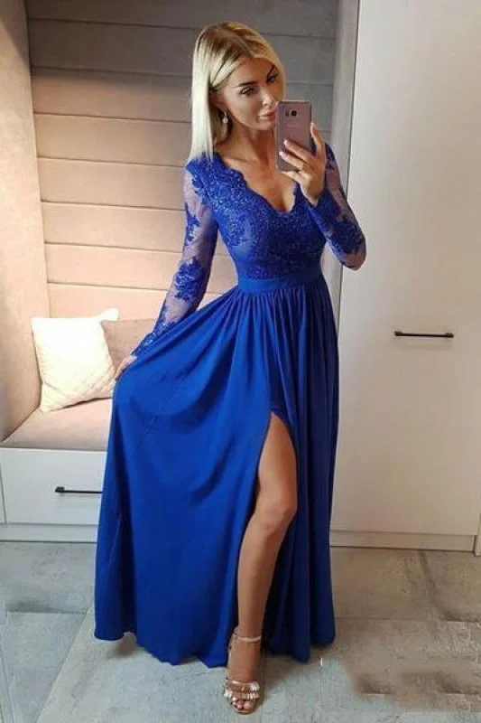 elegant cocktail evening gown-BA7496 Royal Blue V Neck Long Sleeve Prom Floor Length Split Evening Dress with Lace