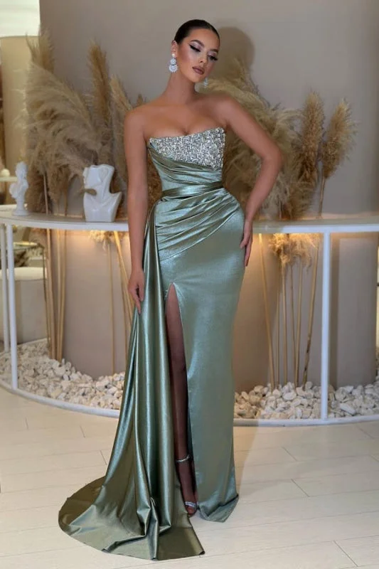 satin evening dress-Sage Green Sleeveless Prom Dress with Strapless Pleated Slit