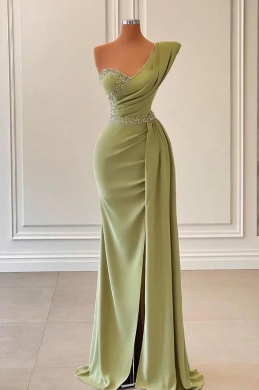 evening gown with train-Sage One-Shoulder Mermaid Prom Dress with Beadings and Split