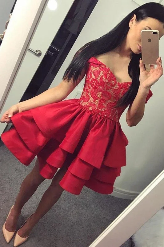 evening dress with plunging neckline-Sexy A-Line Off-The-Shoulder Red Tiered Homecoming With Lace Short Prom Dress