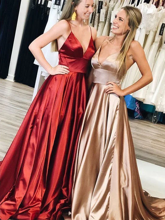 long sleeve evening dress-Sexy Backless Spaghetti Straps Burgundy/Champagne Prom Dresses